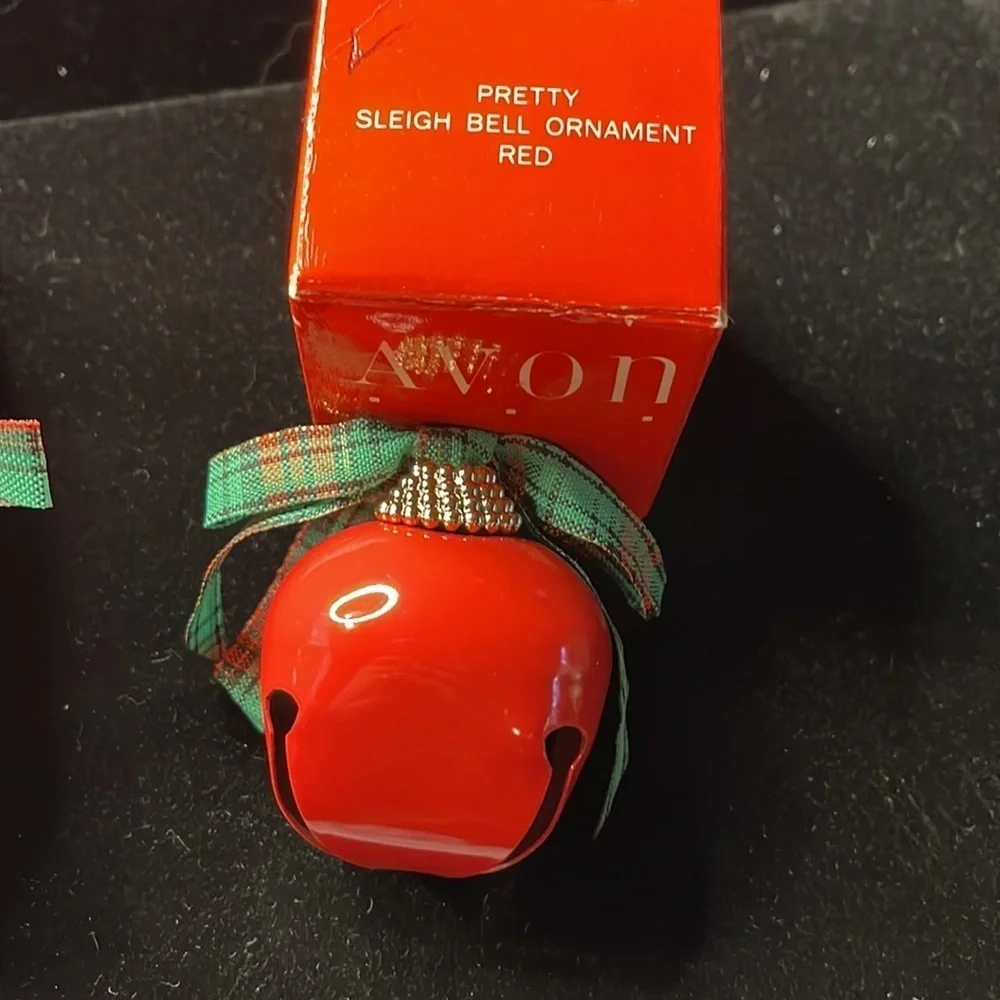 Set of 2 (1 red/1 green)Avon Vintage Pretty Sleigh Bell Ornaments w/plaid ribbon